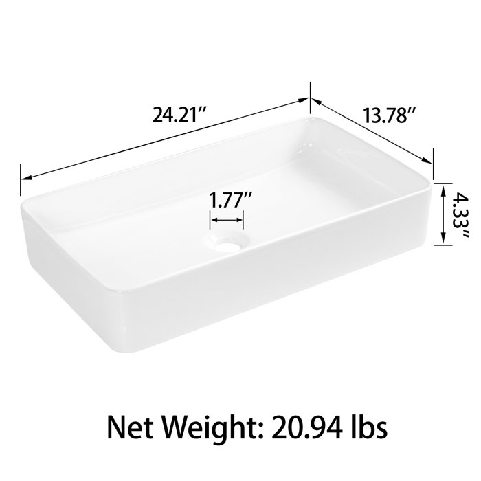 Sinber 24" x 14" x 4.3" White Rectangular Ceramic Countertop Bathroom